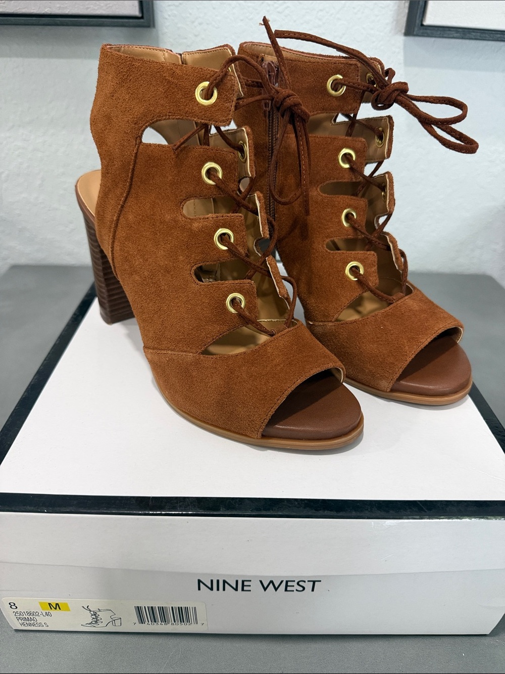Nine West Tan Suede Lace-Up Open-Toe Block Heel Sandals